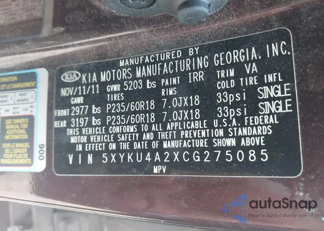 2012 Kia Sorento Ex V6 z USA, uszkodzony, nr VIN 5XYKU4A2XCG275085